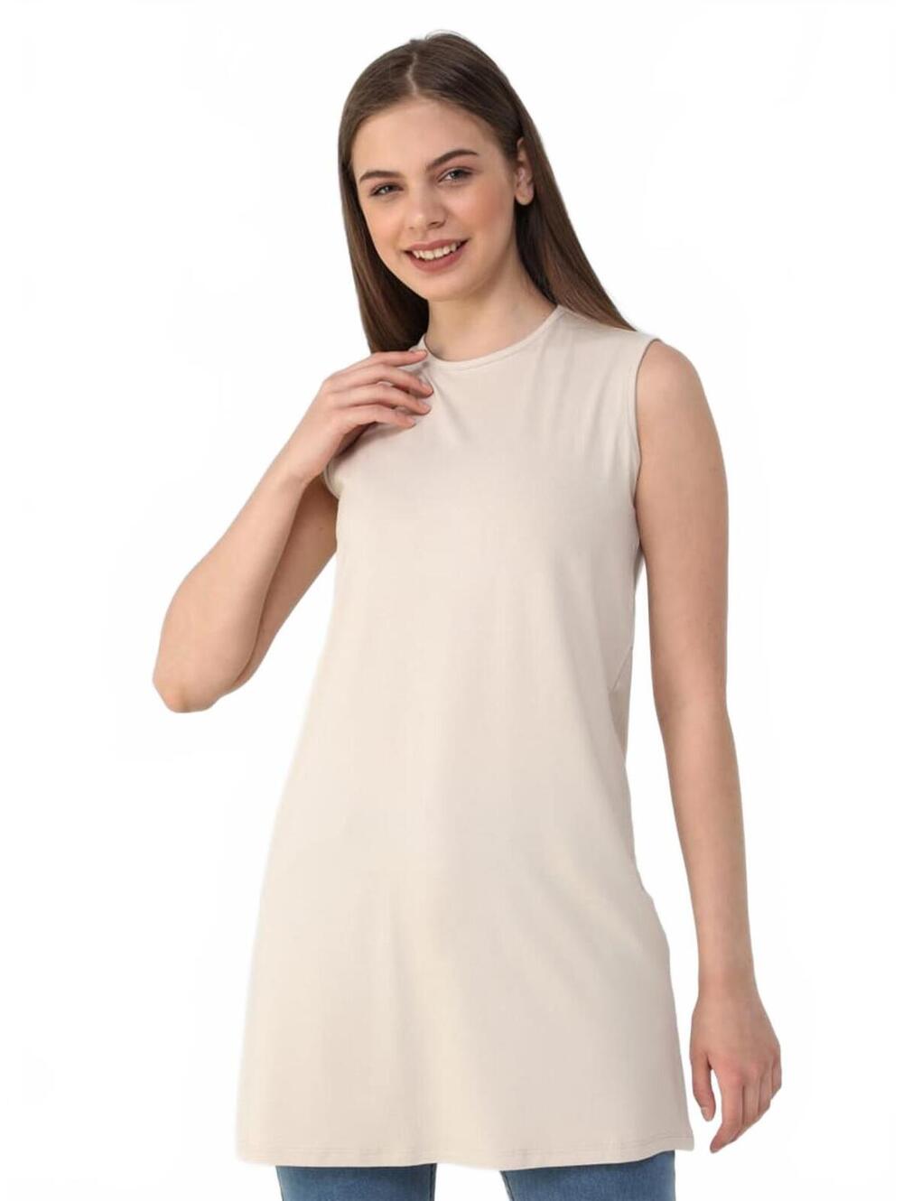 Women's Sleeveless Longline Tunic Top in Cream, Size - S